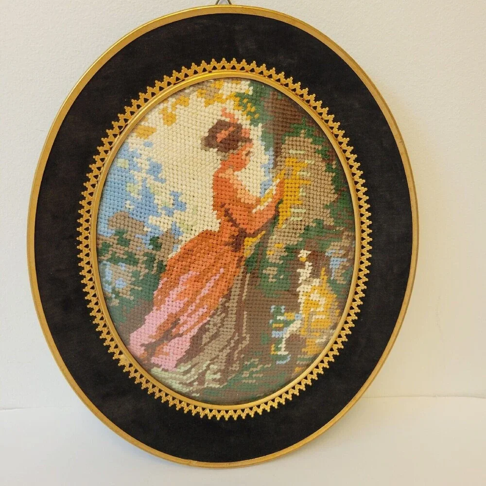 Vintage Needlepoint Handmade Women With Dog Velvet And Brass Ormolu Wood Frame